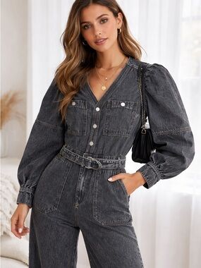 NWT Denim Jumpsuit Belted Puff Sleeve Wide Leg Black Wash Utility Romper